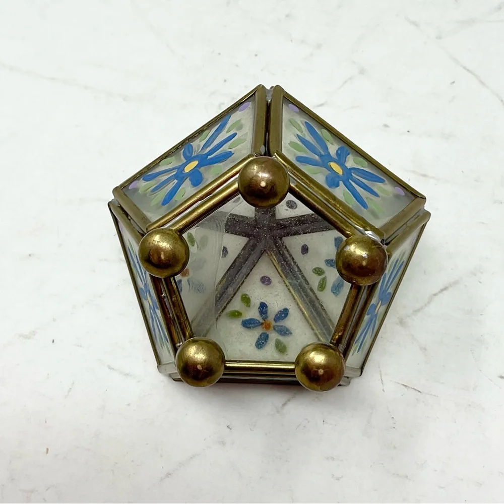 Decorative Floral Glass Box with Brass Accents vintage